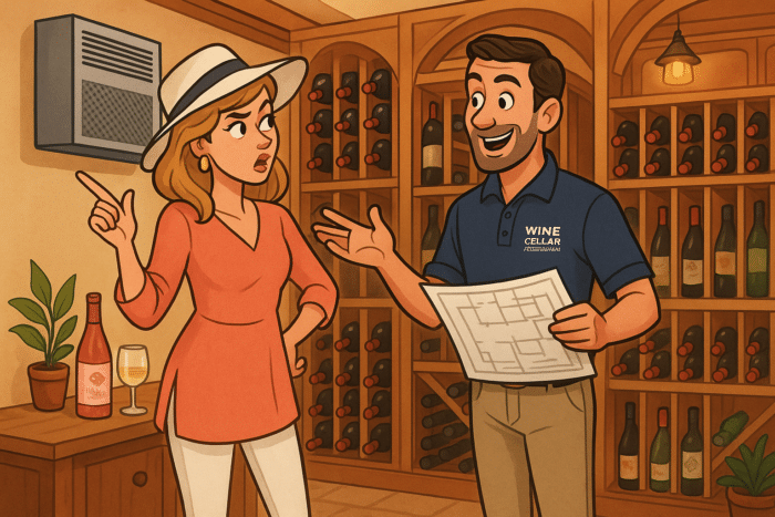 Ready to get expert help with your wine cellar cooling system? In this lighthearted exchange, Lisa, a Coral Gables homeowner, seeks advice from Marco, a wine cellar expert, after her husband impulsively buys 200 bottles of Bordeaux. She initially suggests using a portable AC, prompting Marco to explain the importance of proper wine cellar refrigeration systems—designed to maintain consistent temperature and humidity to protect wine from Miami’s harsh climate.